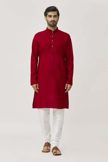 Arihant Rai Sinha_Maroon Cotton Solid Kurta And Off-white Churidar Set_Online_at_Aza_Fashions