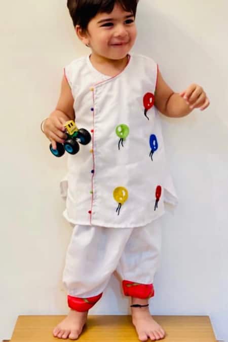 Rage Attire-Sweta Saria White Cotton, Silk Beads Balloon Motif Kurta And Pant Set