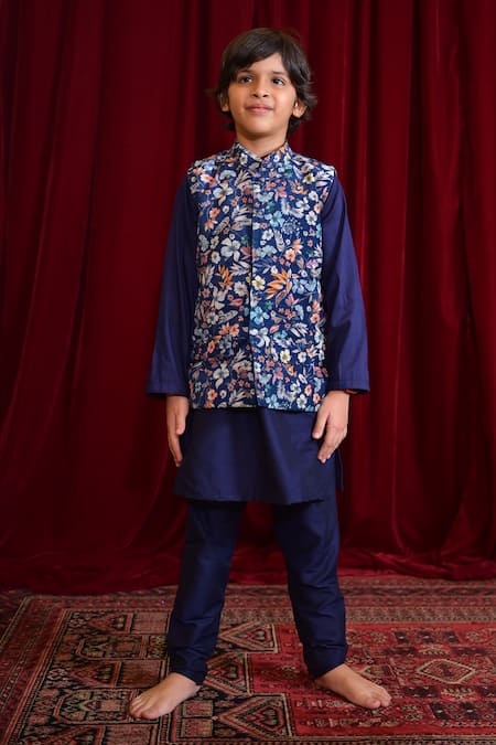 The Plum Bum Blue Velvet, Silk Floral Bloom Print Kurta Set 