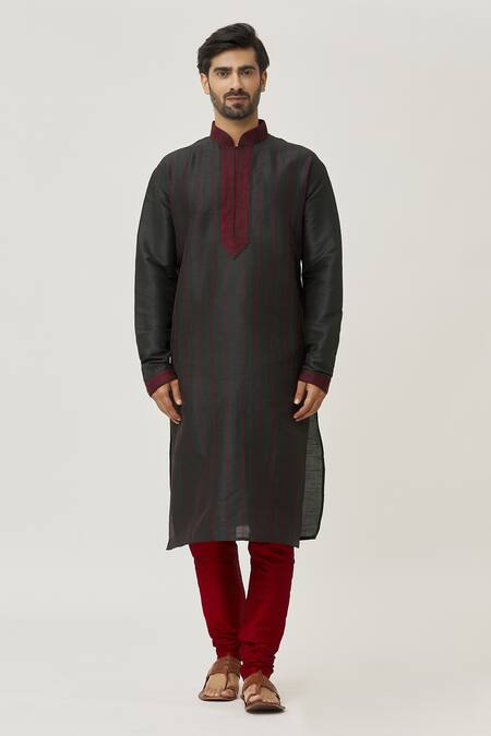 Arihant Rai Sinha_Black Silk, Chanderi Embroidery Thread Kurta And Churidar Set _Online_at_Aza_Fashions