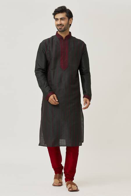 Buy_Arihant Rai Sinha_Black Silk, Chanderi Embroidery Thread Kurta And Churidar Set _Online_at_Aza_Fashions
