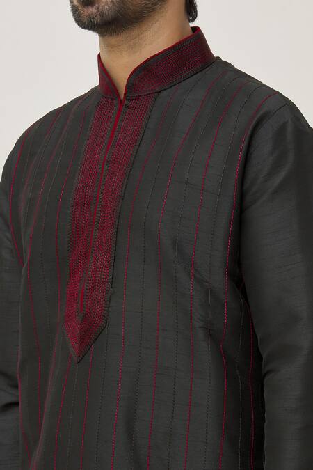 Shop_Arihant Rai Sinha_Black Silk, Chanderi Embroidery Thread Kurta And Churidar Set _Online_at_Aza_Fashions