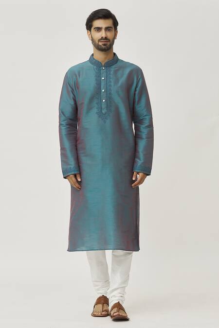 Arihant Rai Sinha Grey Silk, Chanderi Embroidery Cuffs Thread Work Kurta And Churidar Set Online at Aza Fashions Arihant Rai Sinha_Grey Silk, Chanderi Embroidery Cuffs Thread Work Kurta And Churidar Set_Online_at_Aza_Fashions