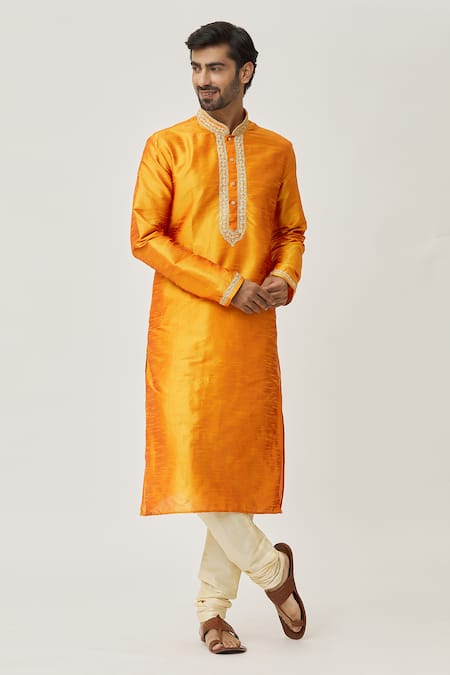 Arihant Rai Sinha Orange Kurta Art Silk Embroidered Thread Cuff And Churidar Set 