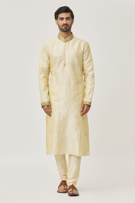 Arihant Rai Sinha_Beige Silk, Denim Embroidery Thread Long Kurta And Churidar Set _Online_at_Aza_Fashions