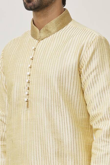 Shop_Arihant Rai Sinha_Beige Silk, Denim Embroidery Thread Long Kurta And Churidar Set _Online_at_Aza_Fashions