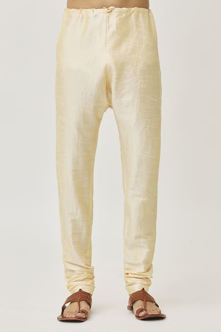 Arihant Rai Sinha_Beige Silk, Denim Embroidery Thread Long Kurta And Churidar Set _at_Aza_Fashions