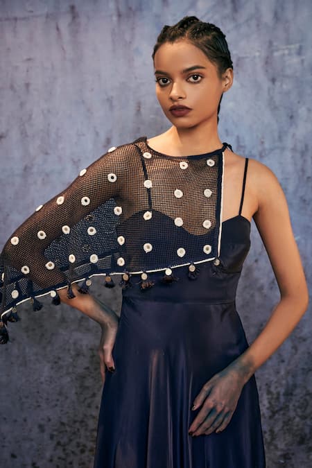 Buy_Amka_Blue Silk Mirrors, Tassels Sweetheart Kayak Natural Maxi Dress With Ara Cape _Online_at_Aza_Fashions