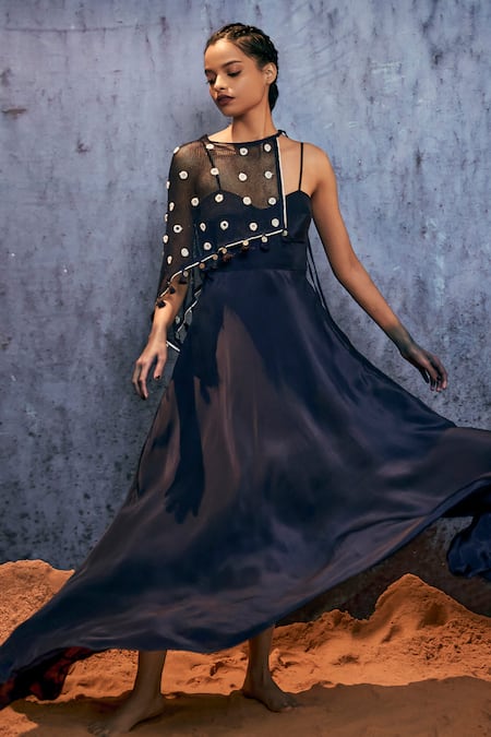 Shop_Amka_Blue Silk Mirrors, Tassels Sweetheart Kayak Natural Maxi Dress With Ara Cape _Online_at_Aza_Fashions