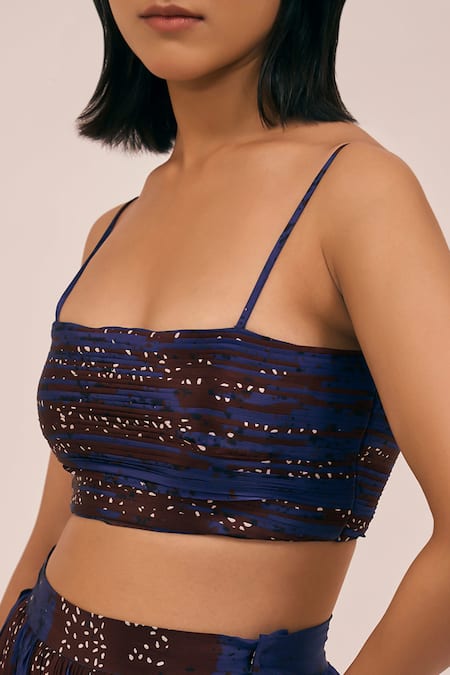 Amka_Blue Silk Sequins Square Neck Artichoke Pleated Crop Top _Online_at_Aza_Fashions