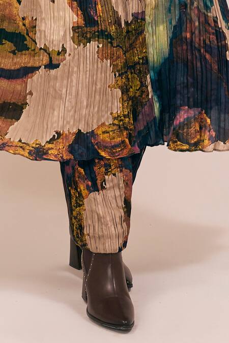 Amka Blue Silk Round Neck Abstract Printed Pleated Shirt And Pant Set Online at Aza Fashions Amka_Blue Silk Round Neck Abstract Printed Pleated Shirt And Pant Set _Online_at_Aza_Fashions