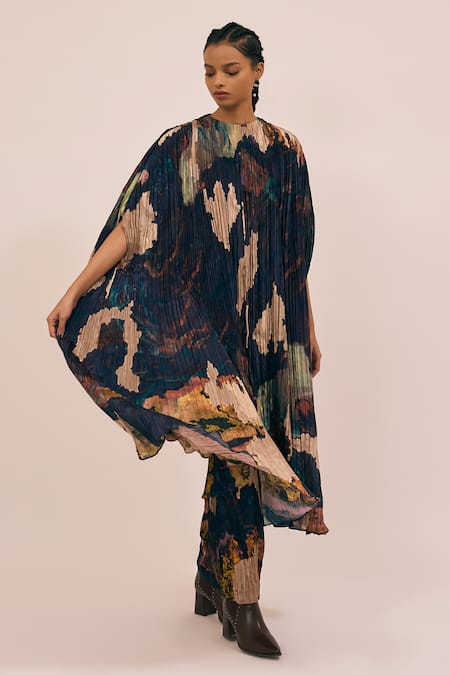 Buy Amka Blue Silk Round Neck Abstract Printed Pleated Shirt And Pant Set Online at Aza Fashions Buy_Amka_Blue Silk Round Neck Abstract Printed Pleated Shirt And Pant Set _Online_at_Aza_Fashions