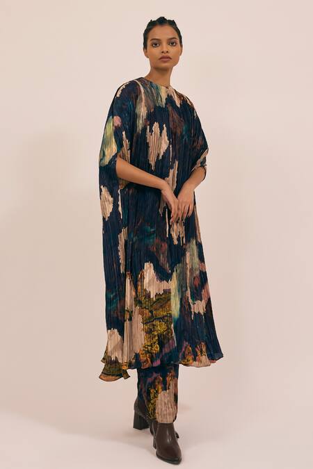 Shop Amka Blue Silk Round Neck Abstract Printed Pleated Shirt And Pant Set Online at Aza Fashions Shop_Amka_Blue Silk Round Neck Abstract Printed Pleated Shirt And Pant Set _Online_at_Aza_Fashions