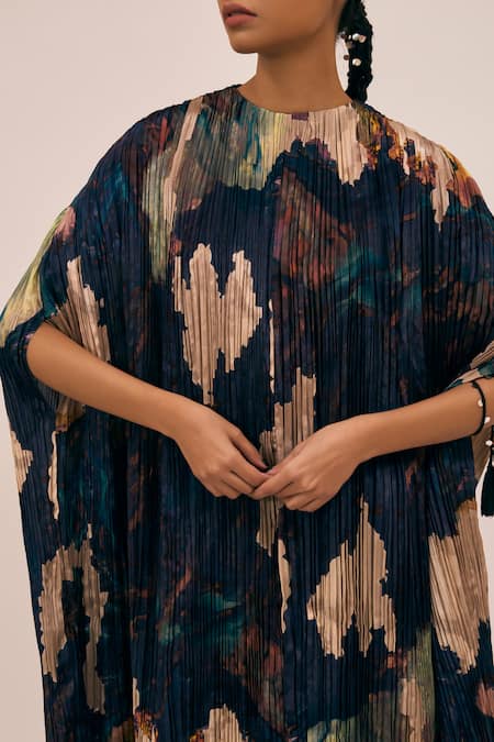 Amka Blue Silk Round Neck Abstract Printed Pleated Shirt And Pant Set at Aza Fashions Amka_Blue Silk Round Neck Abstract Printed Pleated Shirt And Pant Set _at_Aza_Fashions