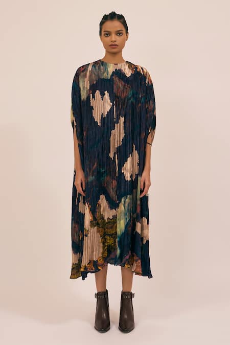 Amka_Blue Silk Round Neck Bloom Abstract Print Kaftan Dress _Online_at_Aza_Fashions