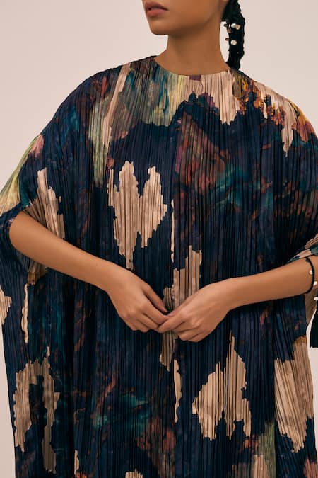 Buy_Amka_Blue Silk Round Neck Bloom Abstract Print Kaftan Dress _Online_at_Aza_Fashions