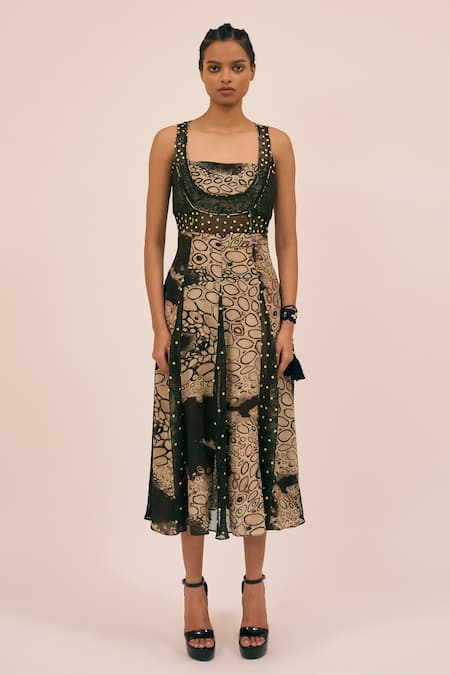 Amka_Beige Silk Beads, Sequins Square Boneset Abstract Print Embroidered Midi Dress _Online_at_Aza_Fashions
