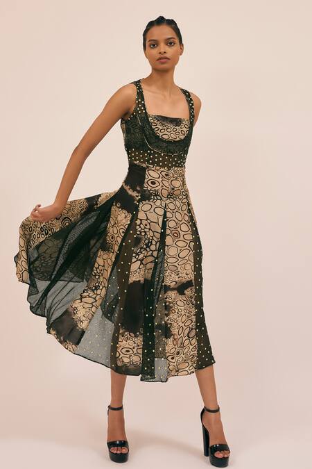 Buy_Amka_Beige Silk Beads, Sequins Square Boneset Abstract Print Embroidered Midi Dress _Online_at_Aza_Fashions