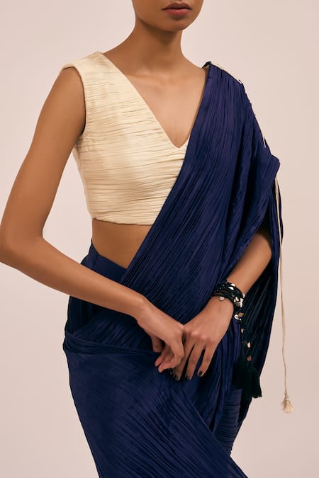Amka_Cream Silk V-neck Catnip Pleated Blouse _Online_at_Aza_Fashions