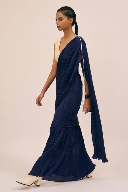 Shop Amka Blue Silk Catnip Pleated Pre-draped Saree Online at Aza Fashions Shop_Amka_Blue Silk Catnip Pleated Pre-draped Saree _Online_at_Aza_Fashions