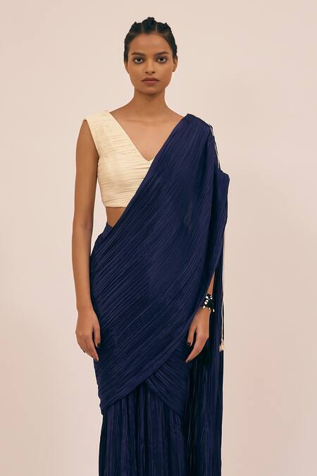 Amka Blue Silk Catnip Pleated Pre-draped Saree at Aza Fashions Amka_Blue Silk Catnip Pleated Pre-draped Saree _at_Aza_Fashions
