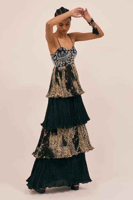 Amka_Green Silk Mirrors, Beads Sweetheart Neck Hem Embroidered Tiered Maxi Dress _Online_at_Aza_Fashions