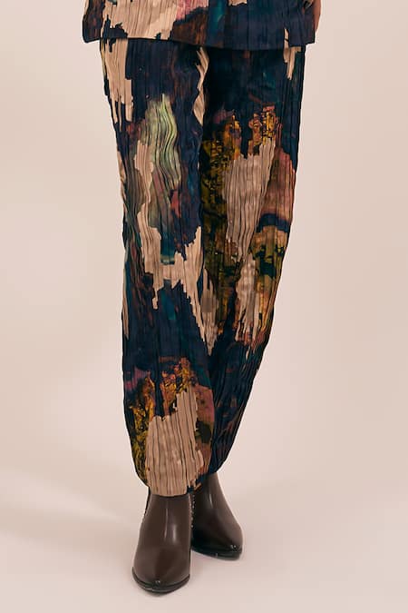 Amka_Blue Silk Hunch Pleated Abstract Pant _Online_at_Aza_Fashions