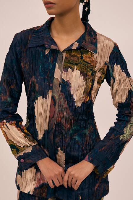 Shop_Amka_Blue Silk Collared Hunch Pleated Abstract Print Shirt _Online_at_Aza_Fashions