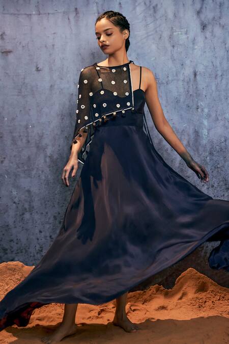 Shop_Amka_Blue Silk Sweetheart Neck Kayak Plain Maxi Dress _Online_at_Aza_Fashions