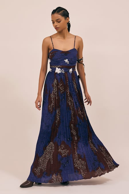 AMKA Blue Natural Silk Print Mosaic Splatter Sweetheart May Pleated Maxi Dress 