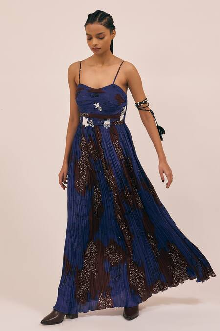 Shop_Amka_Blue Silk Beads Sweetheart Neck May Mosaic Splatter Print Pleated Maxi Dress _Online_at_Aza_Fashions