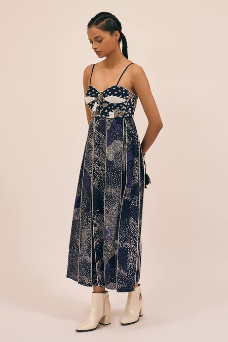 Amka_Blue Silk Beads Sweetheart Melissa Smear Print Embellished Midi Corset Dress _Online_at_Aza_Fashions