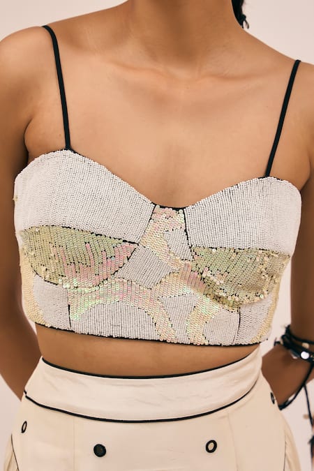 Shop_Amka_White Silk Sequins, Milkyway Encrusted Corset With Accordion Pleated Skirt _Online_at_Aza_Fashions