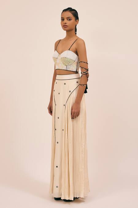 Amka_White Silk Sequins, Beads Sweetheart Neck Milkyway Encrusted Corset Blouse _Online_at_Aza_Fashions