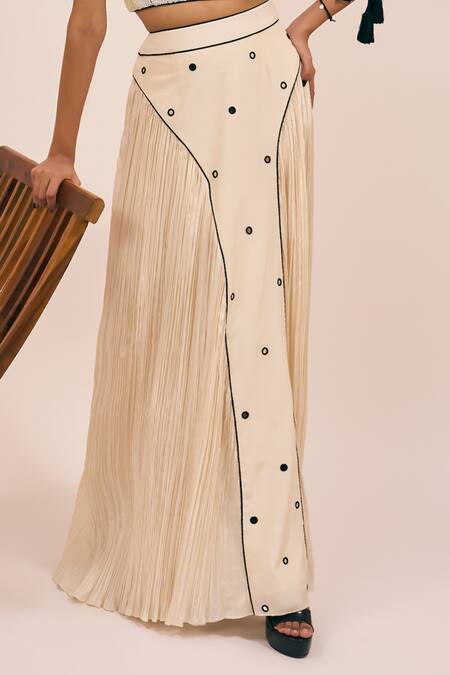Buy_Amka_White Silk Embroidery Milkyway Eyelet Pleated Skirt _Online_at_Aza_Fashions