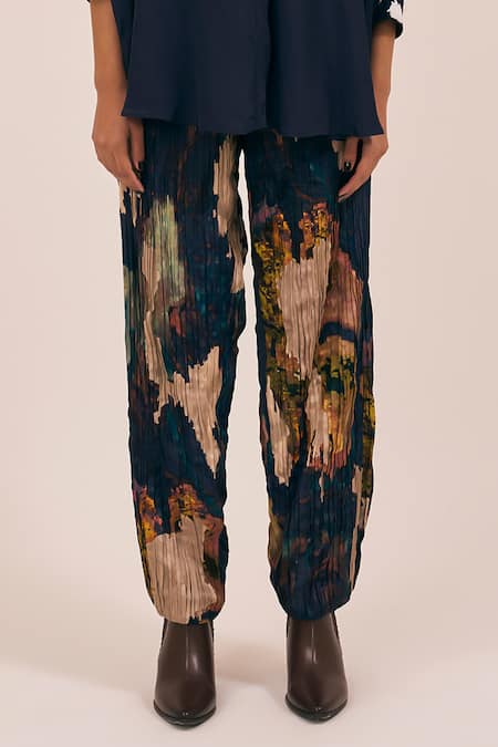 Buy_Amka_Blue Silk Beads Collared Sudoku Embroidered Shirt With Camouflage Pleated Pant _Online_at_Aza_Fashions