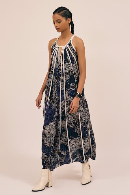 Amka India Blue Natural Silk Print Astral Galaxy Scoop Susan Panelled Maxi Dress