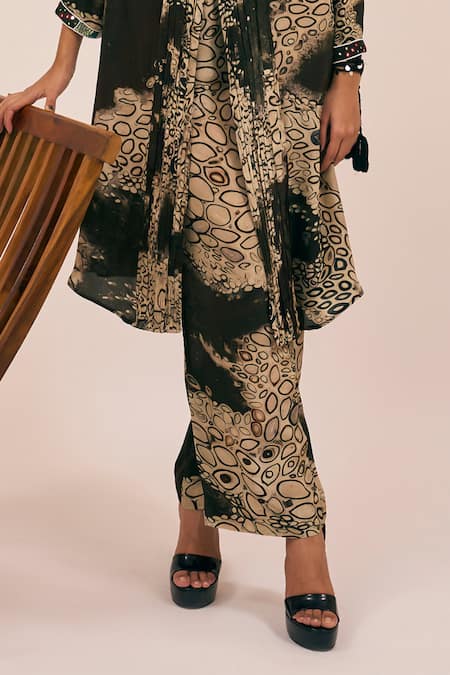 Amka_Beige Silk Beads, Mirrors Yucca Ripple Gaze Print Front Slit Kurta With Palazzo _Online_at_Aza_Fashions