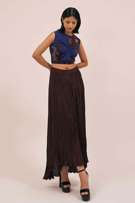 Amka_Maroon Silk Zen Accordion Pleated High Low Skirt _Online_at_Aza_Fashions