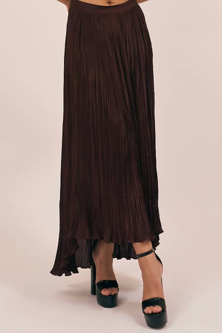 Buy_Amka_Maroon Silk Zen Accordion Pleated High Low Skirt _Online_at_Aza_Fashions
