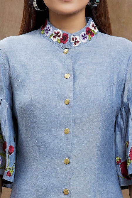 Shop_Varsha Wadhwa_Blue Denim Embroidery Mandarin Collar Floral Sleeve Dress _Online_at_Aza_Fashions