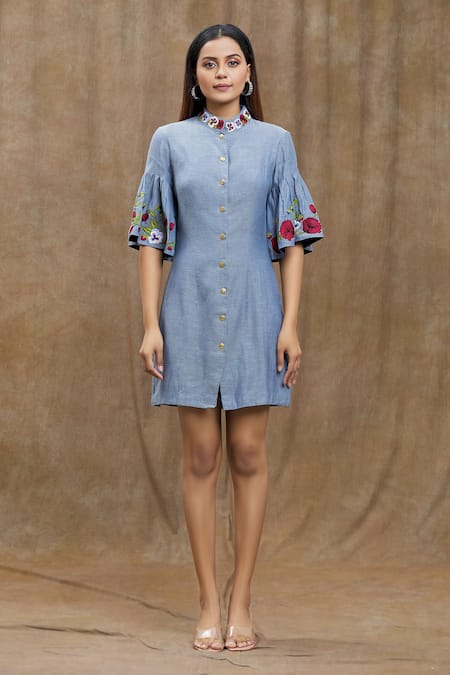 Varsha Wadhwa_Blue Denim Embroidery Mandarin Collar Floral Sleeve Dress _at_Aza_Fashions