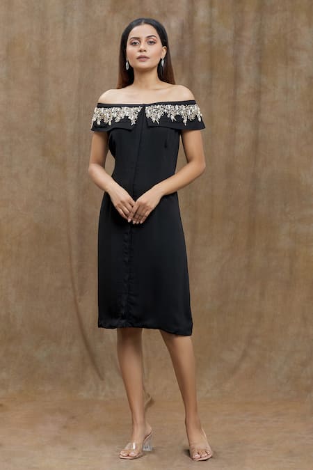 Black Embellished Embroidered Georgette Maxi Dress– Inddus.in