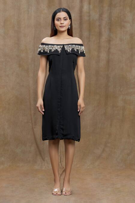 Varsha Wadhwa_Black Pearls, Zari Off-shoulder Neckline Embellished Dress _Online_at_Aza_Fashions