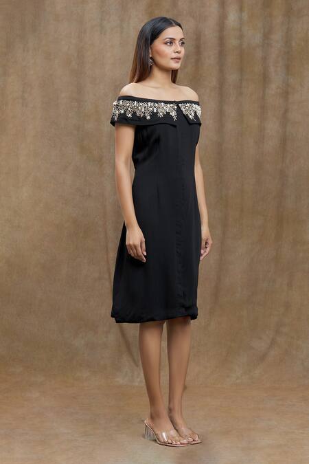 Buy_Varsha Wadhwa_Black Pearls, Zari Off-shoulder Neckline Embellished Dress _Online_at_Aza_Fashions