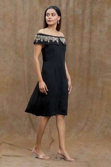 Shop_Varsha Wadhwa_Black Pearls, Zari Off-shoulder Neckline Embellished Dress _Online_at_Aza_Fashions