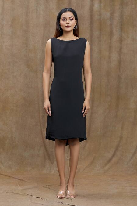 Varsha Wadhwa_Black Cotton Bows Boat Neck Tie Embellished Dress _Online_at_Aza_Fashions