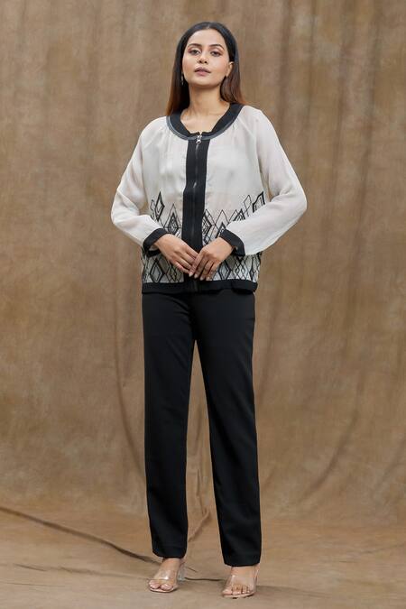 Varsha Wadhwa White Embroidery, Applique Round Neck Sheer Jacket Online at Aza Fashions Varsha Wadhwa_White Embroidery, Applique Round Neck Sheer Jacket _Online_at_Aza_Fashions