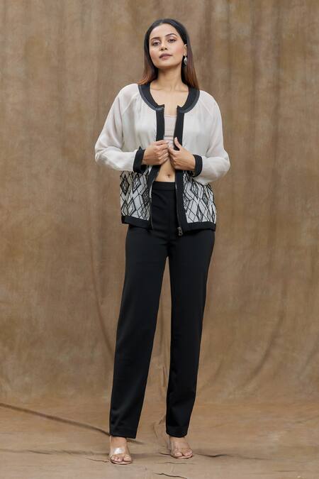 Buy Varsha Wadhwa White Embroidery, Applique Round Neck Sheer Jacket Online at Aza Fashions Buy_Varsha Wadhwa_White Embroidery, Applique Round Neck Sheer Jacket _Online_at_Aza_Fashions