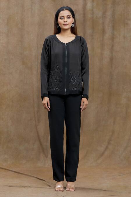 Varsha Wadhwa_Black Embroidery Round Neck Applique Full Sleeve Sheer Jacket _Online_at_Aza_Fashions